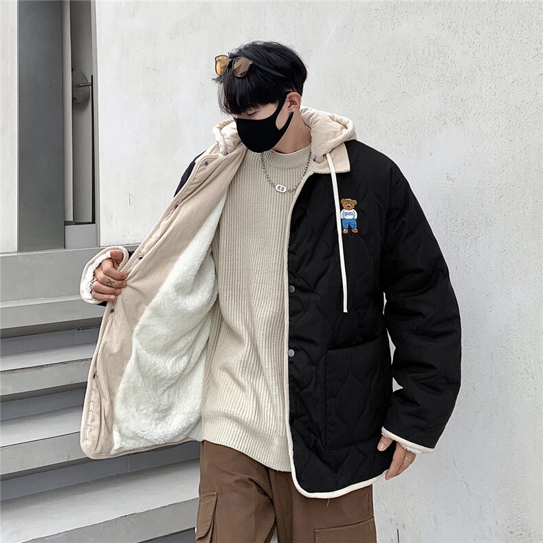 港风灯芯绒拼接连帽棉衣男假两件葫芦型小熊棉衣男8713P135控168，男装棉衣，星座227-7