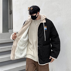 港风灯芯绒拼接连帽棉衣男假两件葫芦型小熊棉衣男8713P135控168，男装棉衣，星座227-7