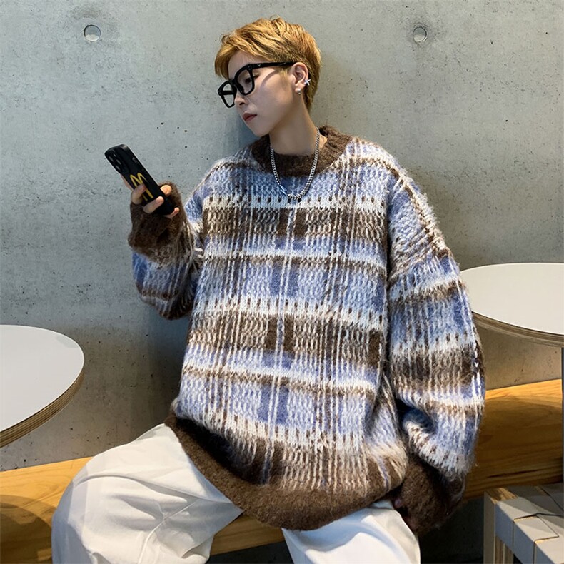 秋款男毛衣圆领套头针织衫鹿毛绒条纹拼色打底外套M228P50,男装针织衫/毛衣,星座1013-1