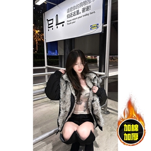 现货高品质美式高街重磅狼王座山雕毛毛领假两件棉衣加厚棉服外套图片