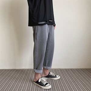 浅色牛仔裤子男士韩版潮流宽松阔腿直筒裤夏季破洞九分裤图片
