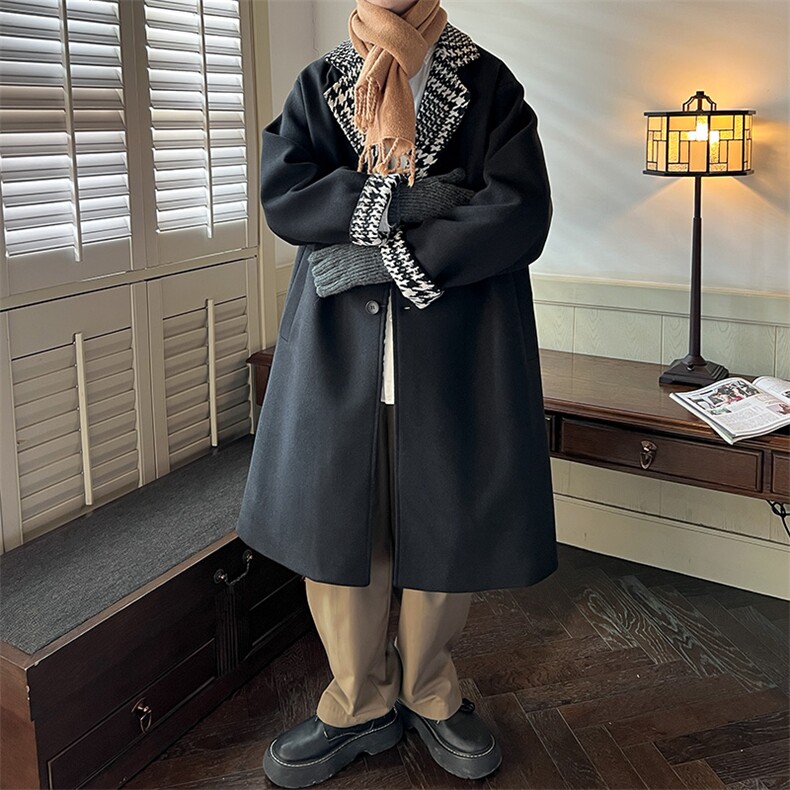 秋冬季中长款千鸟格呢料风衣男宽松西装领外套A071-F09-P125，男装西服套装，电商A071