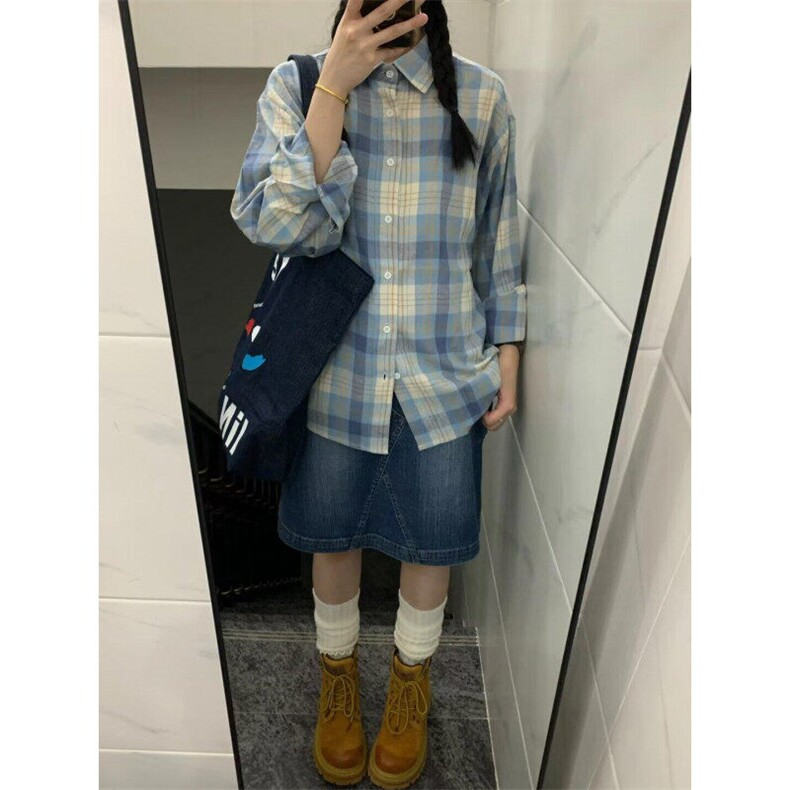 春秋季美式复古撞色格子防晒衬衫男女长袖宽松薄款衬衣慵懒风外套图片