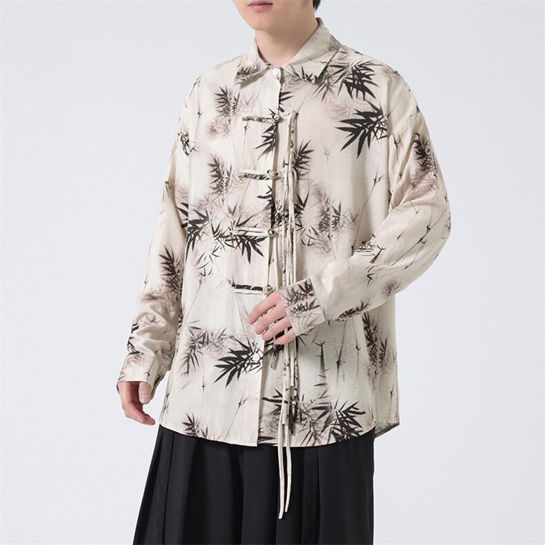C8607P65无影墻竹子水墨印花盘扣新中式风唐装汉服衬衫,男装衬衫,电商A026