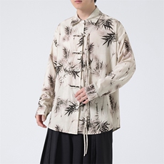 C8607P65无影墻竹子水墨印花盘扣新中式风唐装汉服衬衫，男装衬衫，电商A026