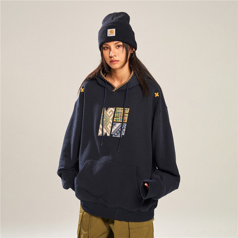 美式藏蓝色字母刺绣带帽连帽卫衣女秋季秋冬宽松潮牌运动重磅帽衫,男装卫衣,星座218-1（原230）