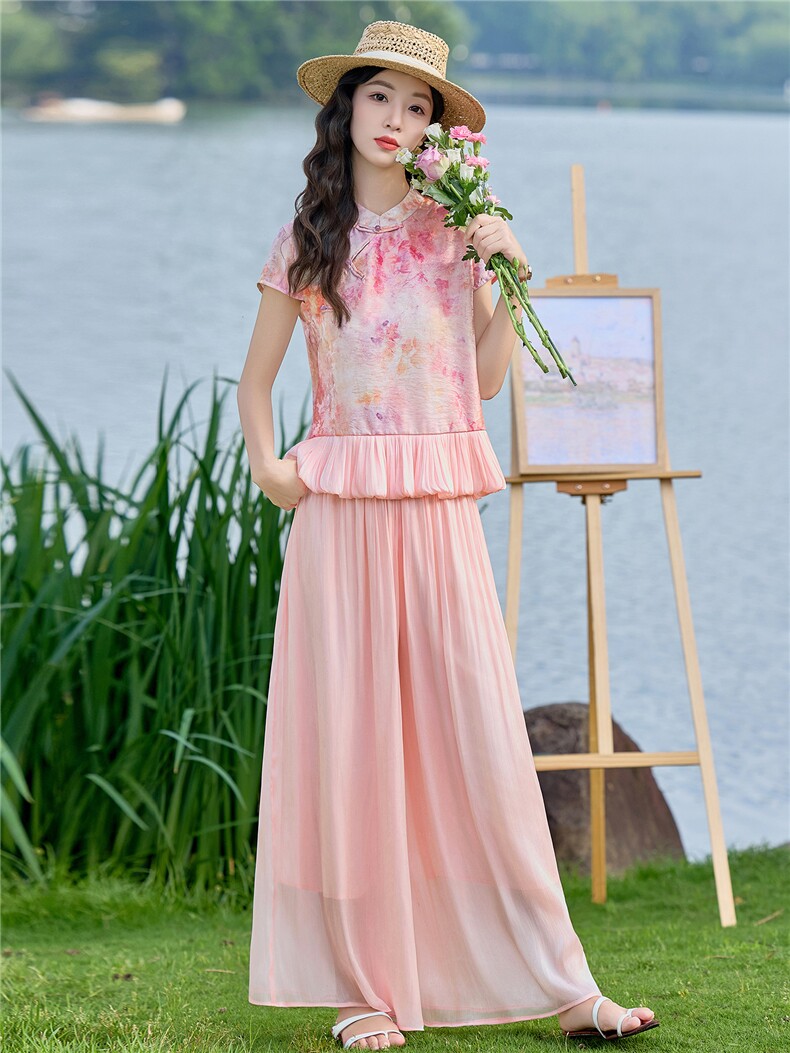 2026年夏季新款新中式印花套装女时尚小个子显瘦流光裤两件套,女装套装/套裙,众宇琦