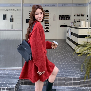 红色毛衣小香风套装女2025春秋新款高级感气质短外套半身裙两件套图片