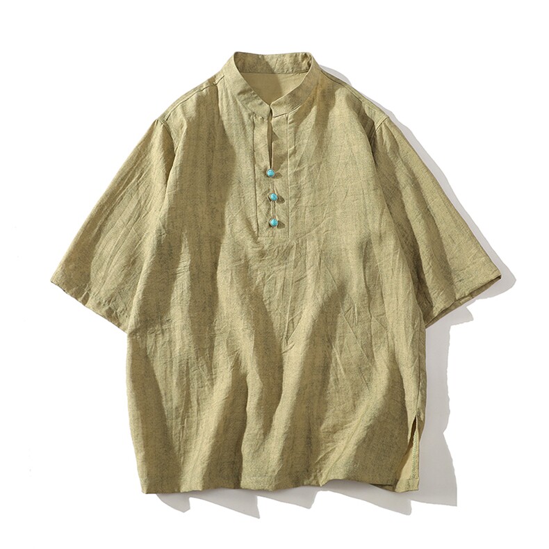 新中式半袖落肩立领透气日常吸汗百搭短袖T恤男A087-1-YM667P65，男装T恤，电商A087-1