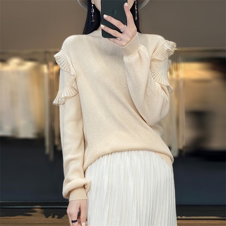 2025春季半高领女气质显瘦荷叶边设计感灯笼袖羊毛打底针织衫毛衣,女装羊毛衫,总能电商供货
