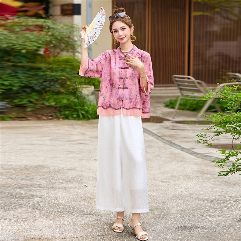现货！夏季新款2025刺绣套装女时尚休闲气质宽松两件套套裤,女装套装/套裙,涵墨