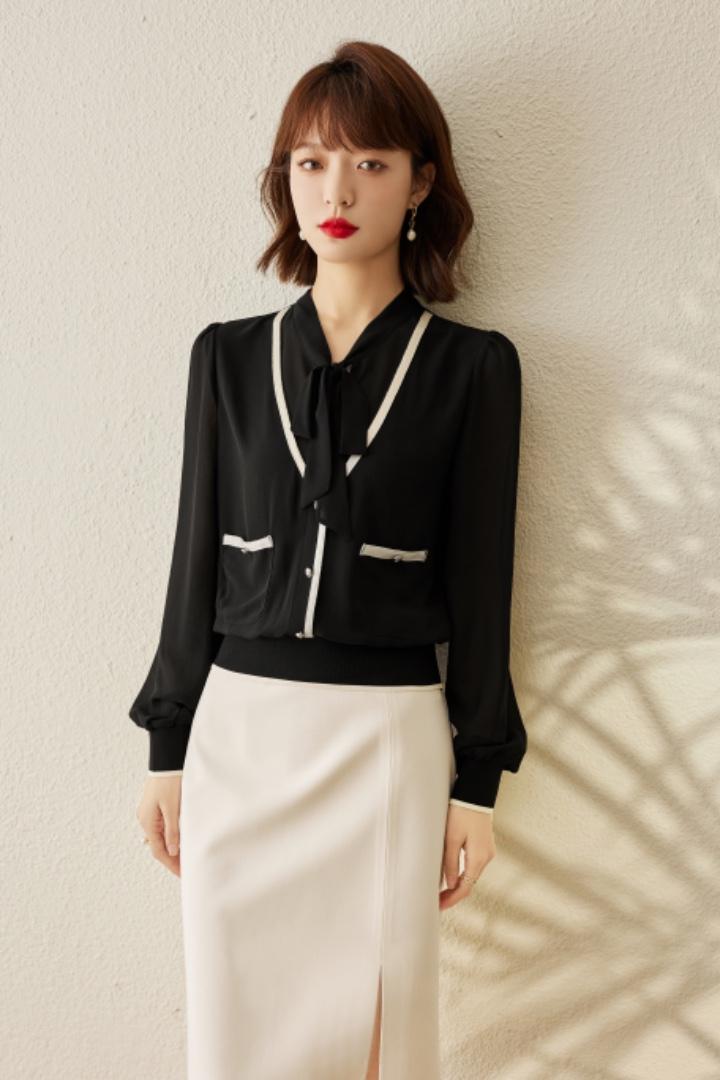 2022春装新款假两件飘带款上衣1015#,女装其它,束索