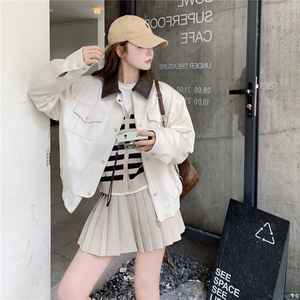美式复古撞色翻领皮衣外套女2025秋季新款高级感时尚宽松廓形夹克图片