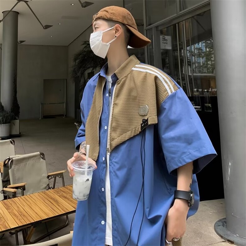 小众设计感拼接短袖衬衫男夏季美式潮牌休闲情侣衬衣上衣HC10-P43,男装衬衫,星座1008