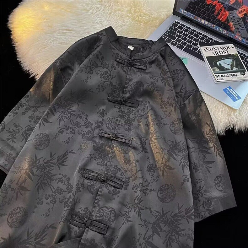 新中式盘扣短袖衬衫唐装男女款高级感痞帅汉服衬衣情侣外套C175,男装T恤,星座601-1