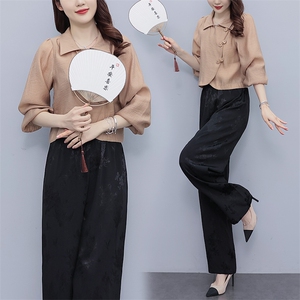 芷墨新款时尚复古俩件套套装中式盘扣上衣裤子套装改良日常汉服女图片
