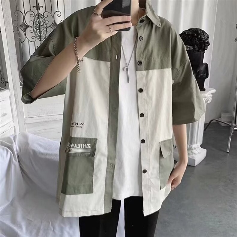 衬衫男短袖韩版潮拼接撞色休闲宽松上衣日系港风衬衣外套C24-P36,男装衬衫,星座1109-3
