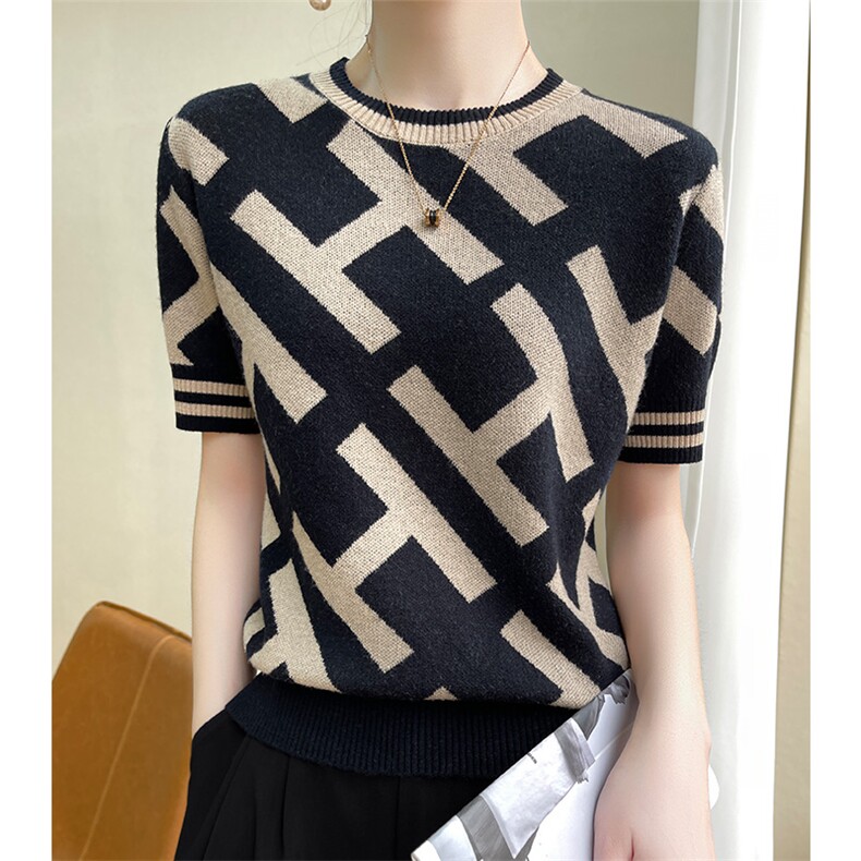 圆领短袖针织羊毛衫女2024夏季新款短款小香风宽松洋气减龄，女装T恤，越洋羊