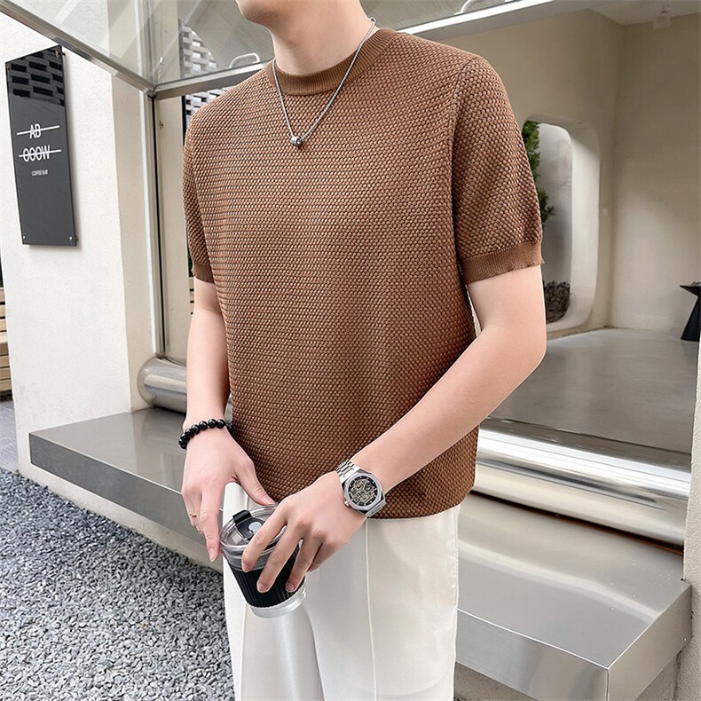 轻熟风~2025夏季冰丝网状短袖针织T恤T2009/P50,男装T恤,电商B331