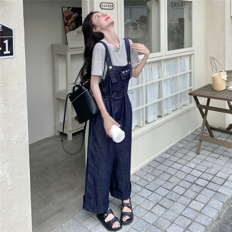 盐系学院风牛仔背带裤套装夏女2025新款宽松条纹T恤休闲两件套女,女装套装/套裙,2C012