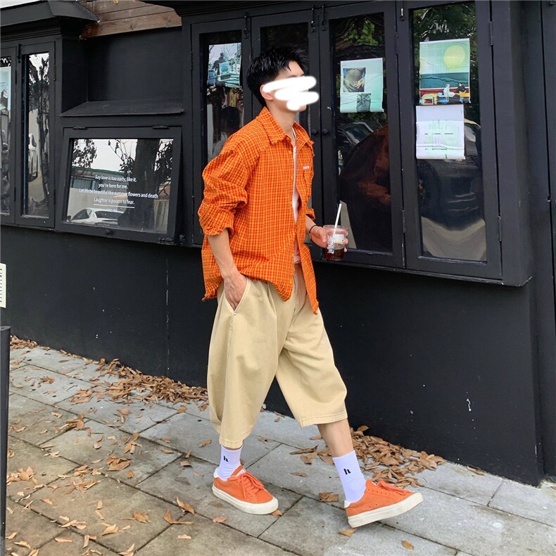 网图-美式潮牌复古橙色长袖格子衬衫多巴胺穿搭9155-P55,男装衬衫,电商B380（原B361）