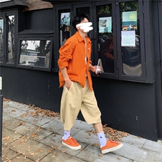 网图-美式潮牌复古橙色长袖格子衬衫多巴胺穿搭9155-P55，男装衬衫，电商B380（原B361）