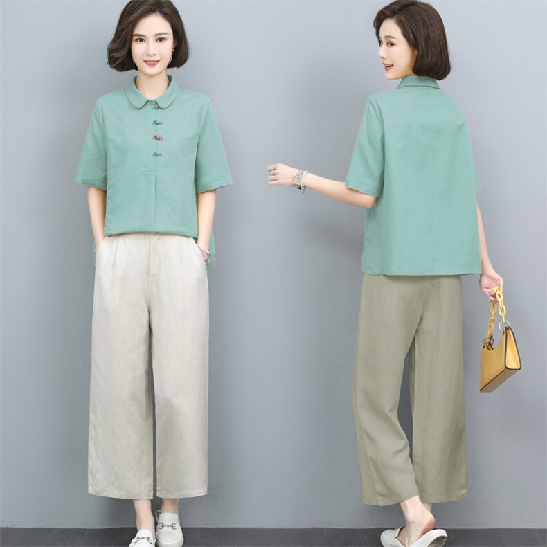妈妈夏装2024新款太洋气时尚短袖棉麻套装中年女夫人一整套装,女装套装/套裙,璐依舞