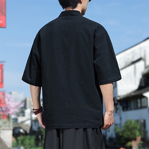 男士亚麻透气风五分袖上衣2025夏季新款短袖体恤T82-P50图片