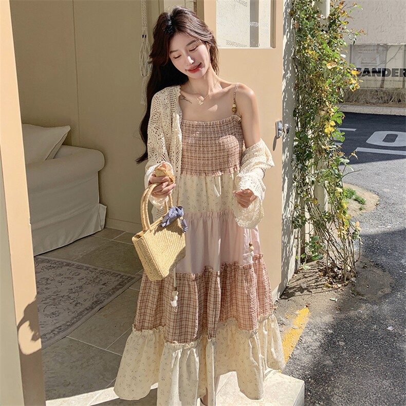 撞色拼接碎花连衣裙套装女2025夏季新款小众系带开衫吊带裙两件套图片