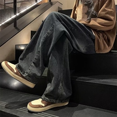 秋季复古牛仔裤男港风水洗宽松阔腿裤高街潮流抽绳直筒K7418-P35，男装牛仔裤，星座512-3