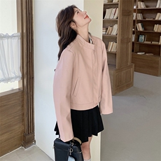 粉色短款PU皮衣夹克外套女2025春秋季新款韩版流行显瘦机车服上衣，女装皮衣，2C198
