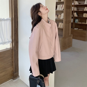 粉色短款PU皮衣夹克外套女2025春秋季新款韩版流行显瘦机车服上衣图片