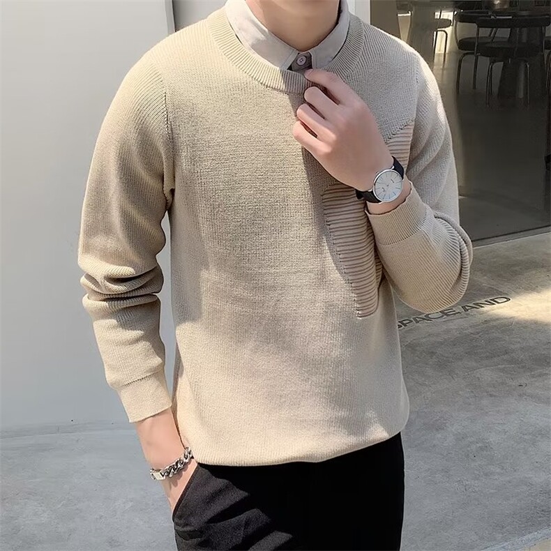 店主风春秋季男士假两件翻领毛衣拼接撞色针织衫修身上衣M3344,男装针织衫/毛衣,星座1116A-2（原606A-1）