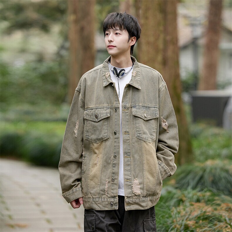 秋季新款Q2482-TP45不美式复古水洗做旧磨毛牛仔夹克外套男，男装工装外套，电商A102