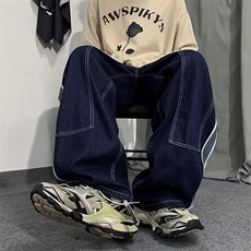 秋季慵懒风长垂感拖地长裤子ins高街直筒阔腿牛仔裤男K4744-P43，男装牛仔裤，星座512-2