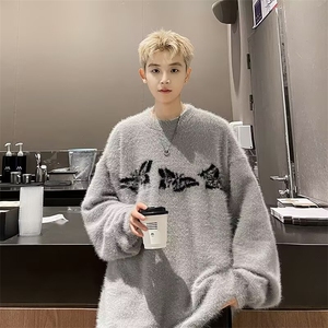 美式小众复古蝴蝶提花毛衣男秋冬季慵懒软糯宽松圆领针织衫M5716图片