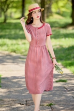 淑女风格纹连衣裙女春夏收腰显瘦中长裙格子裙子，女装连衣裙，水衣源