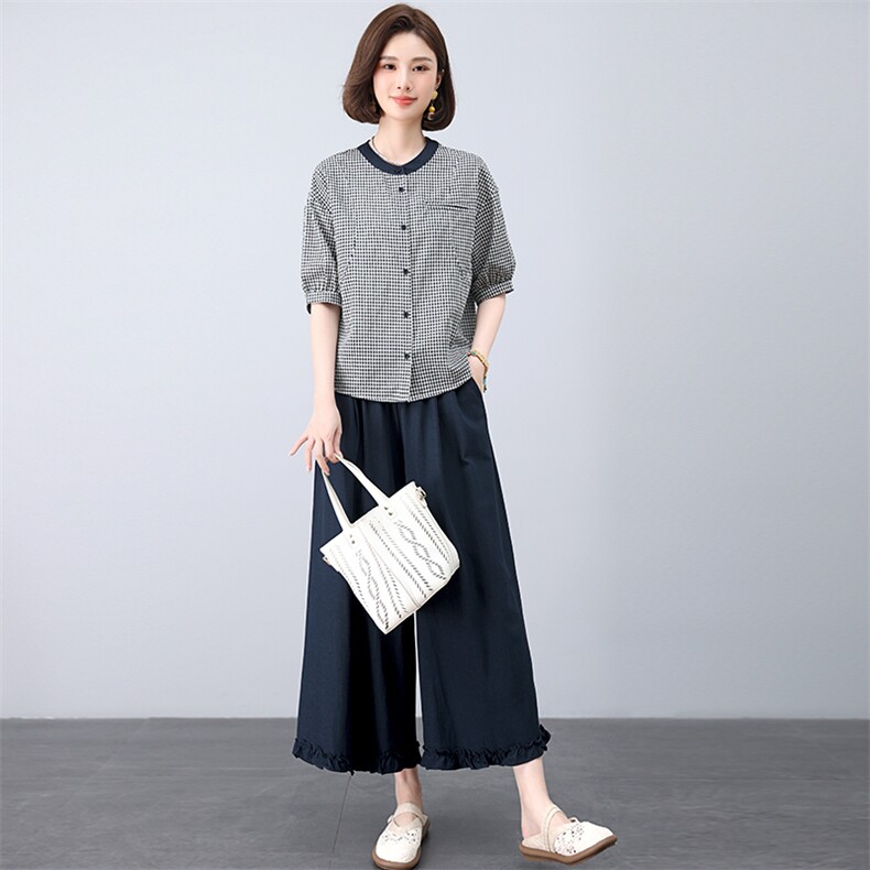 套装女2025年夏季新款时尚宽松中年妈妈大码棉麻九分裤两件套，女装套装/套裙，江忆布依