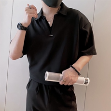 S89/P58控78夏季小伙轻奢假两件双V短袖Polo衫男装痞帅T恤黑色首2，男装T恤，星座305B