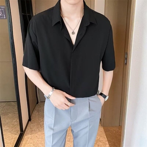 GS5009P45黑色衬衫男短袖垂感短袖夏季薄款宽松休闲韩版白衬衣男图片