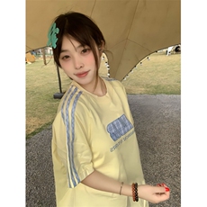 H0777-P35推荐#拉条贴布刺绣休闲宽松款短袖T恤，女装T恤，星座617A-2