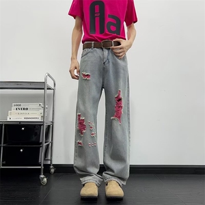 破洞牛仔裤男款美式高街做旧潮流宽松直筒休闲百搭长裤子2088P46,紫色小西装怎么搭配衣服男生图片
