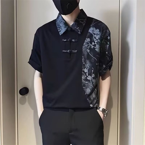 男士短袖Polo衫夏季潮牌痞帅翻领拼接t恤2025新款新中式风格上衣图片
