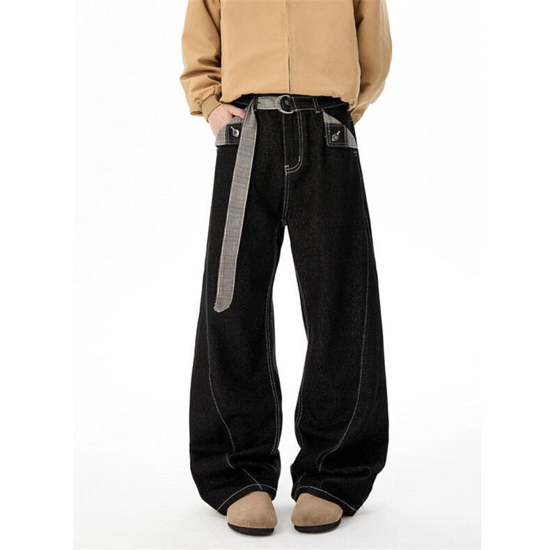 网图千鸟格弯刀牛仔裤男美式复古cleanfit阔腿裤NZK9030-特P60，男装牛仔裤，星座1007（原301D）