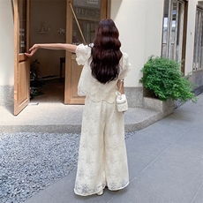 新款雕花阔腿裤新中式两件套，女装套装/套裙，2C010
