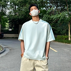 抖音得物品质二开240克宽松纯棉美式潮牌印花三条杠中性风短袖T恤，男装T恤，电商A486