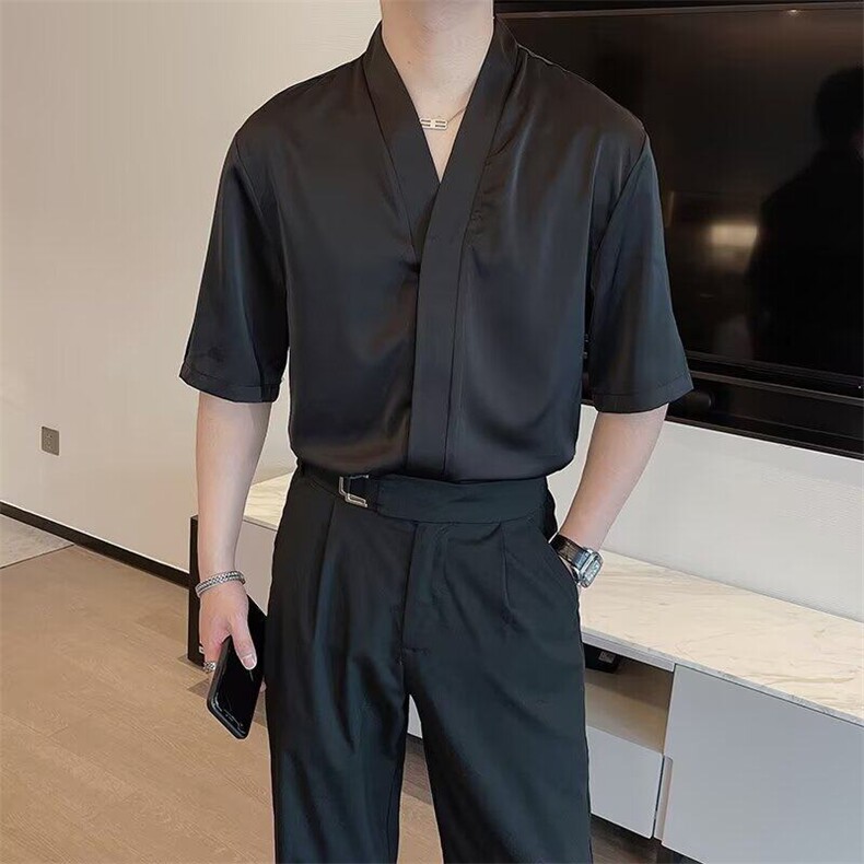 夏季日系复古轻奢衬衫男短袖韩版慵懒风潮流坠垂感痞帅绸缎衬衣图片
