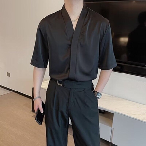 夏季日系复古轻奢衬衫男短袖韩版慵懒风潮流坠垂感痞帅绸缎衬衣,玉如意吊坠搭配什么衣服图片