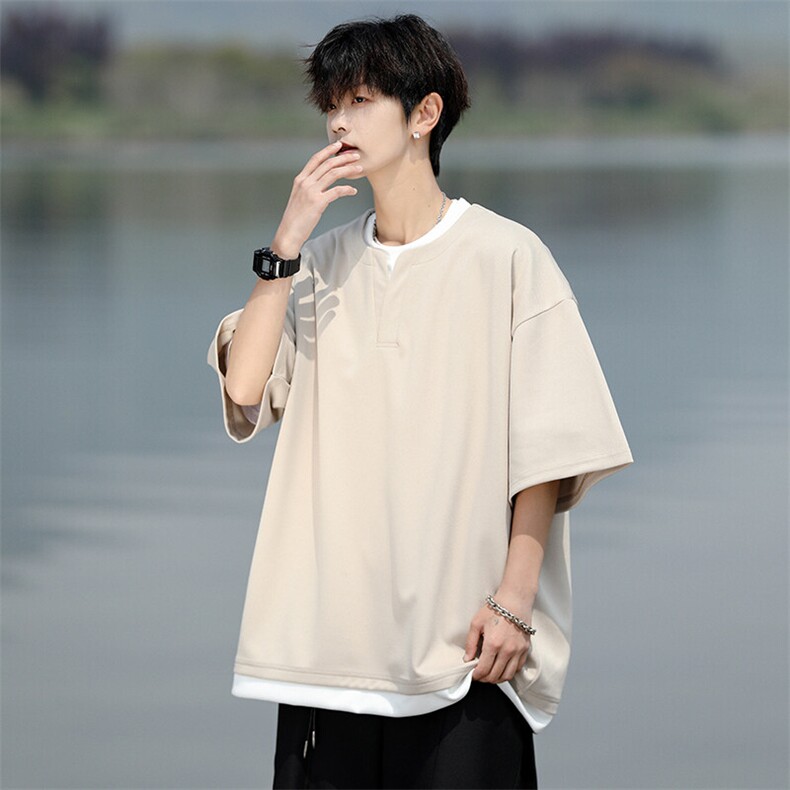 8XL-M重磅斜纹假两件短袖t恤男夏季薄款宽松大码半袖体恤DT006P45,男装T恤,电商B312