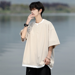 8XL-M重磅斜纹假两件短袖t恤男夏季薄款宽松大码半袖体恤DT006P45图片